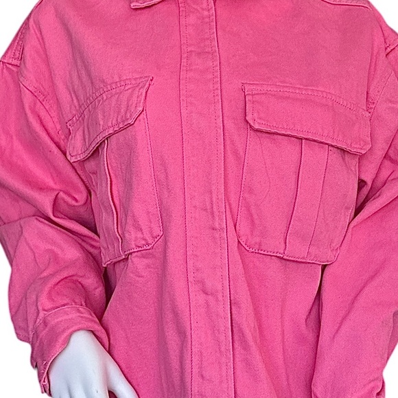 NWT Women’s Shacket Small Oversized Pink Trucker 100% Cotton Overshirt Barbie - Picture 3 of 7
